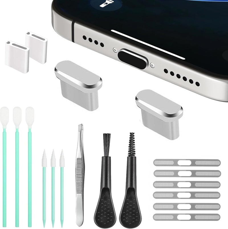 UYXiNONE Mobile Phone Speaker Metal Dust Mesh, Charging Port dust Plug, Cleaning Brush Cleaning Tool Set for iPhone16 15 Series (USB C-Silver) - Image 1